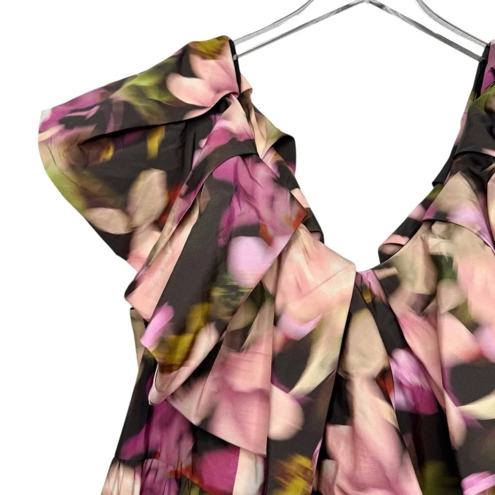 ELOQUII Ruffle Neckline Pink Moody Floral Women’s Midi Dress Sz 16